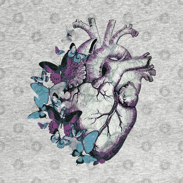 Heart in love, vintage effect watercolor blue butterflies, Heart, anatomical Human heart by Collagedream